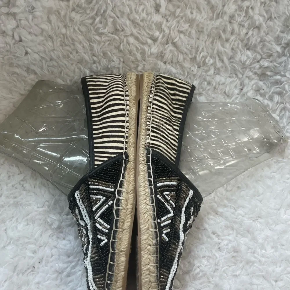 Sam Edelman Lida Beaded Geometric Black Gold White Leather Espadrilles SZ10.5M